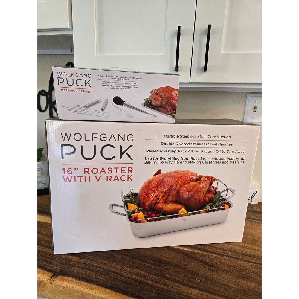 Wolfgang Puck 16" Stainless Steel Roaster with V-Rack and Roasting Prep Set NEW